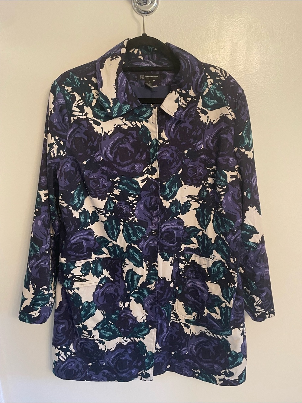 INC International Concepts Floral Button-Front Shirt Jacket - Purple Teal White